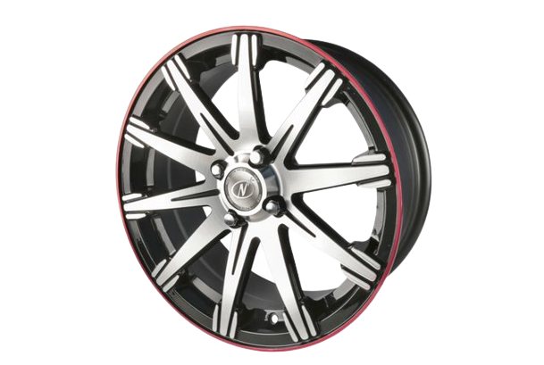 a car wheel with red lining